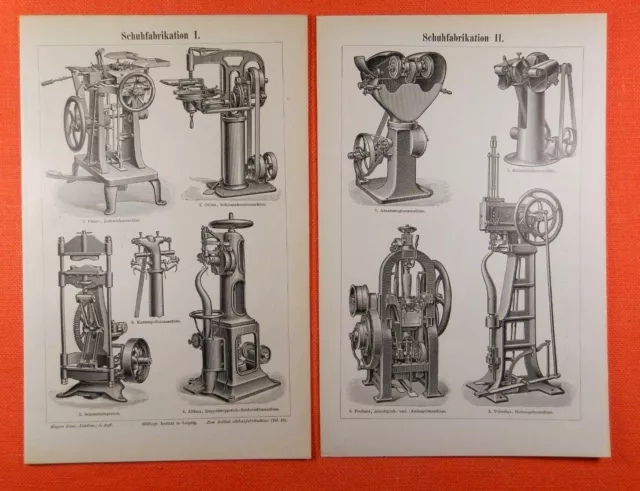 Schuhfabrikation I+II  Maschinen Apparate Industrie  historischer Holzstich 1899