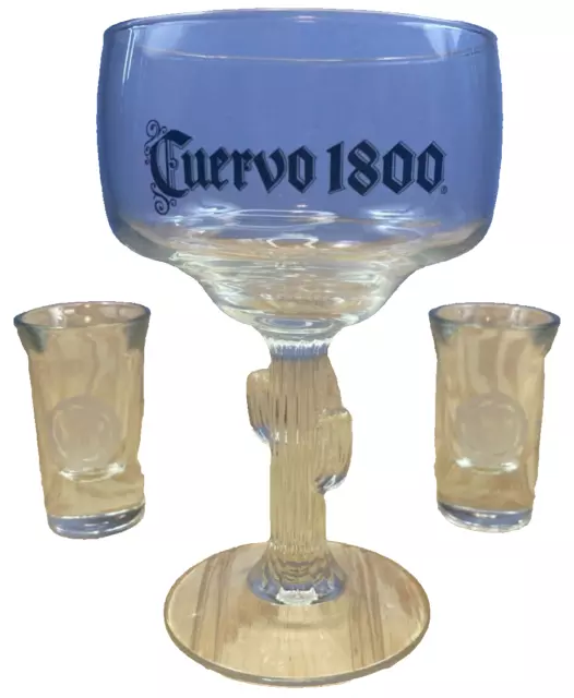 Jose Cuervo 1800 Tequila Saguaro Cactus Stem Margarita Glass & 2 Shot Glasses