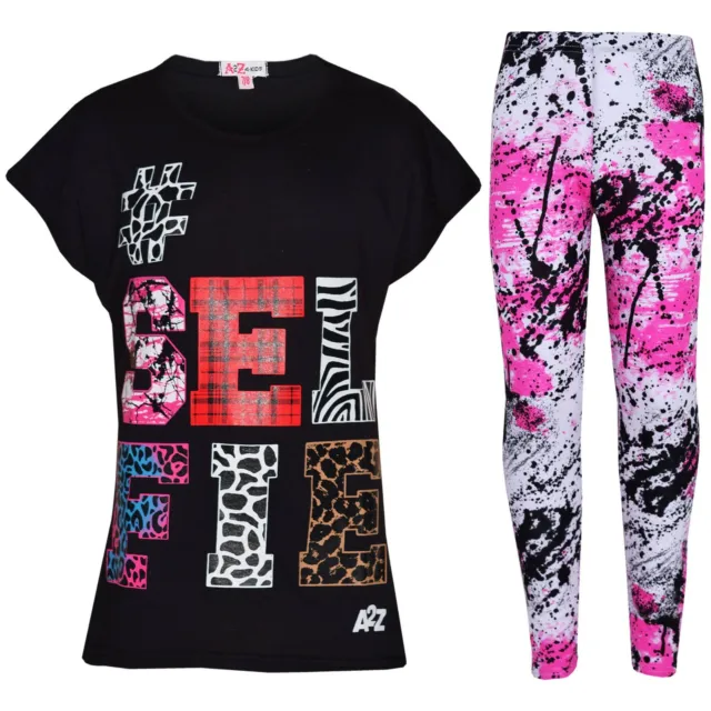 Kids Girls Selfie Print Top Trendy Black T Shirt Top & Fashion Legging Set 7-13Y