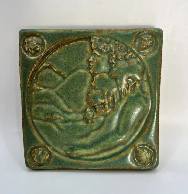 Pewabic Pottery Detroit 1999 Glazed Green 4" x 4" "Earth" Tile Art Deco