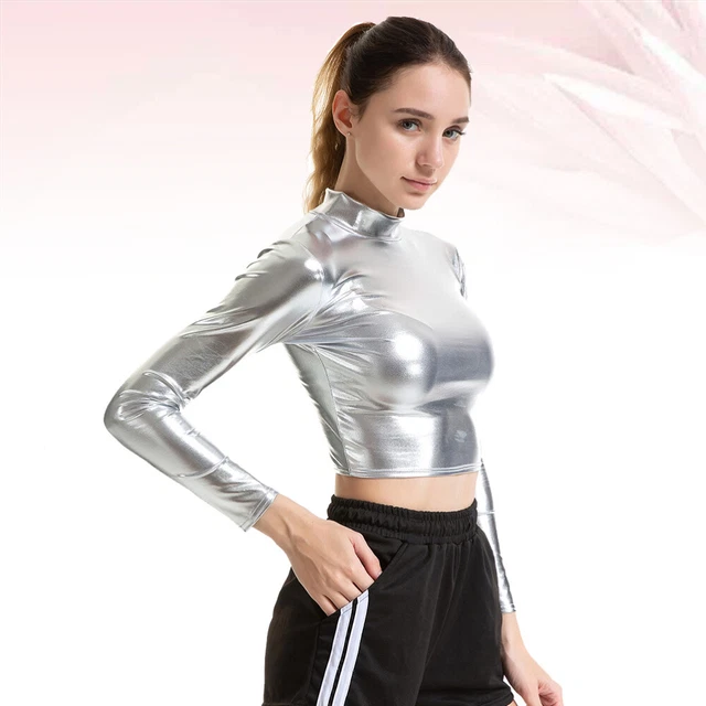 Camicia a maniche lunghe in PVC con collo in piedi costume lucido magliette a maniche lunghe da donna