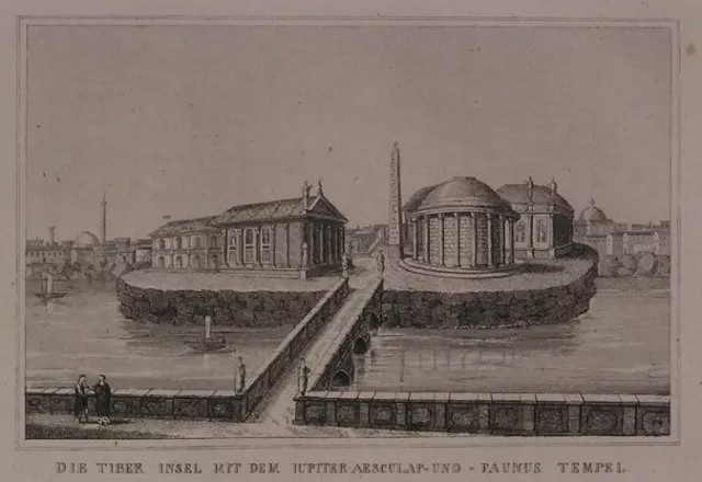stampa originale del 1834 Isola Tiberina Roma passepartout cm 25x30