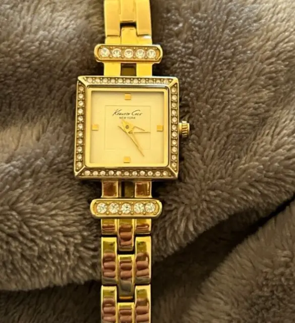 Kenneth Cole Watch Women Gold Tone Pave Square Bezel  New Battery 6.5" link band