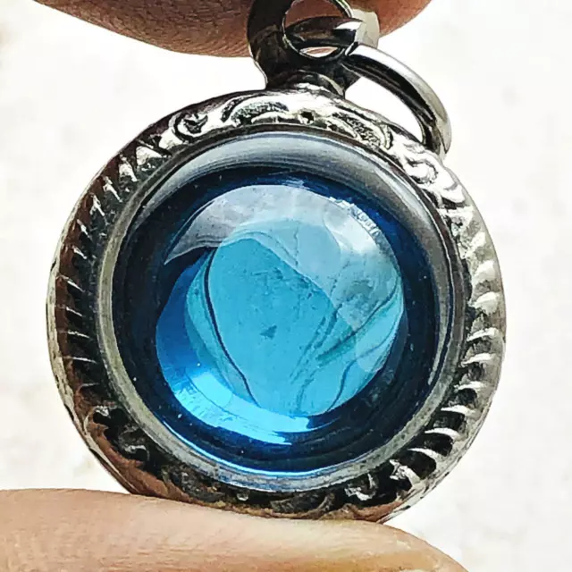 Naga Eye Leklai Crystal Healing Lucky Magic Stone Bottons Blue Thai Amulet 16214