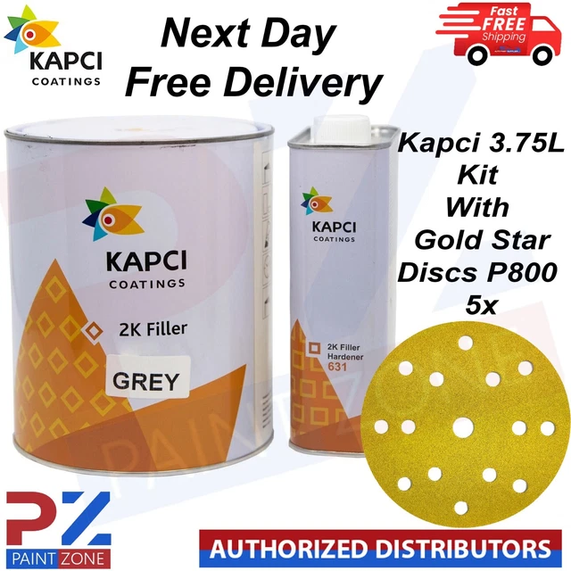 Kapci Kit Primer Riempimento Alta Costruzione 3,75 L 2K Grigio - Con Dischi Stella Oro P800 5x