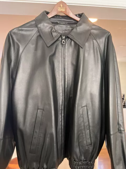 Salvatore Ferragamo Black Leather Bomber Jacket Size Large