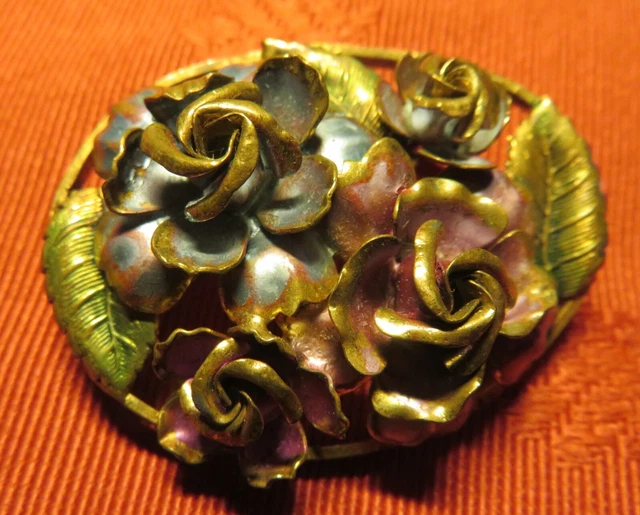 broche bijou vintage couleur or fleur relief cristaux diamant citrine * 5084