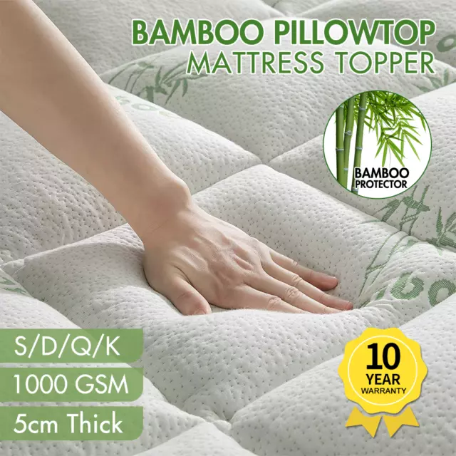 1000GSM Pillow Top Mattress Topper Bamboo Fully Fitted Skirt Protector 5 Star AU