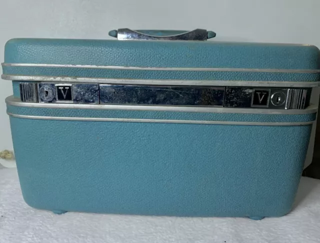 Samsonite Silhouette Aqua Blue Train Hard Case Make Up Vanity Vintage