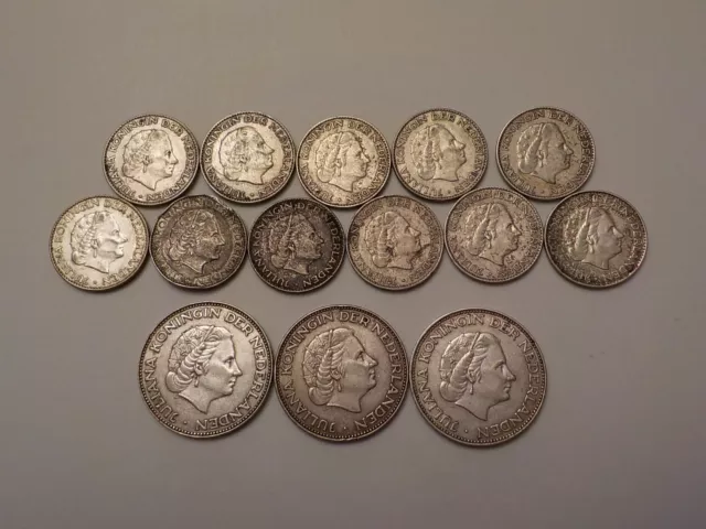 Lot of 14 Silver Coins - Netherlands - 1950's 1 Gulden, 1959 & 1960 2-1/2 Gulden