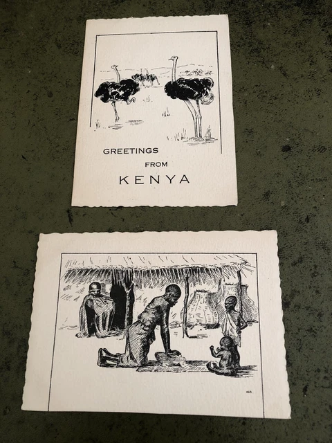 2 Old Vintage Black And White Greeting Cards From Kenya. Used & Written On
