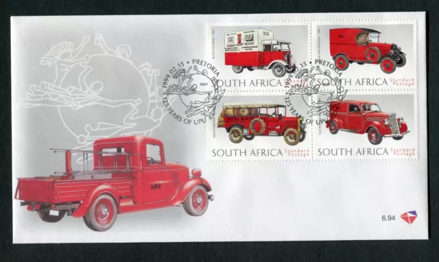 SOUTH AFRICA 1999,  U.P.U. 125TH ANNIV., POSTAL VEHICLES, Scott 1100a ON F.D.C.