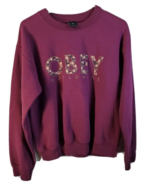 OBEY Sweatshirt Women Size Small Wine Color Knit Long Sleeve Round Neck Pullover