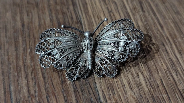Broche Ancienne En Argent Massif 925 - Style Art Déco / Nouveau - Motif Papillon - Occasion - France