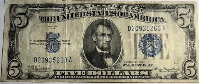 Series 1934 $5 Dollar Bill Silver Certificate