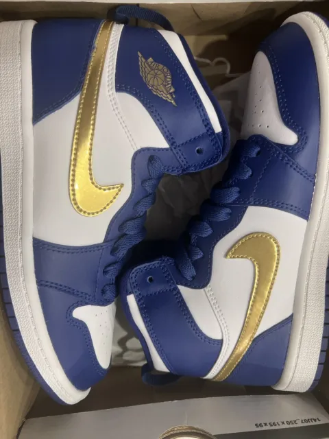 Nike Air Jordan 1 High Retro Gold Metallic Deep Royal Blue GS Sneaker Size 2.5 Y