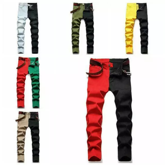 Mens Two Tone Splice Denim Pants Multi Colors Jeans Trousers Straight Leg Slim Z 3