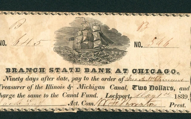 $2 1839 Branch State Bank at Chicago Obsolete Note DAILY CURRENCY AUCTIONS