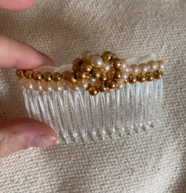 vero pettine per capelli lato oro trasparente vintage autentico anni '90 perline e perle