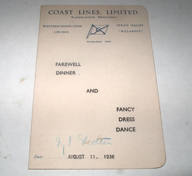 1936 COAST LINES SHIPPING MENU Steam Yacht Killarney WESTERN HIGHLANDS Autograph
