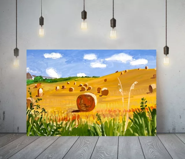 Hockney Style 7-  Framed Canvas Artist Wall Art Paper Picture Print- Hay Bales