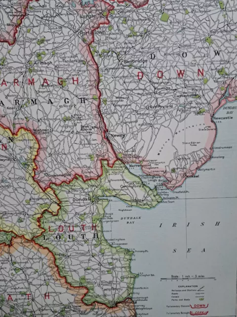 1922 large map of Down, Armagh, Louth, Cavan, Monaghan in Ireland, 101 yrs old. 2