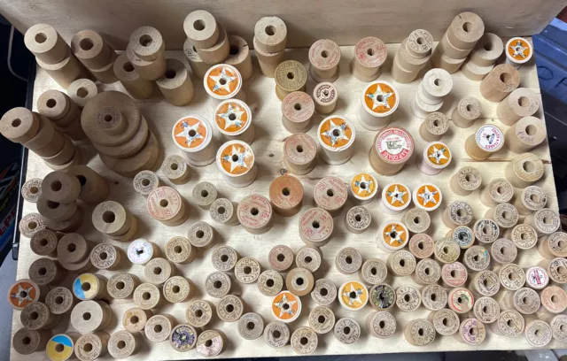 HUGE LOT 160+ Vintage Wooden Thread Spools Crafts Primitive Farmhouse