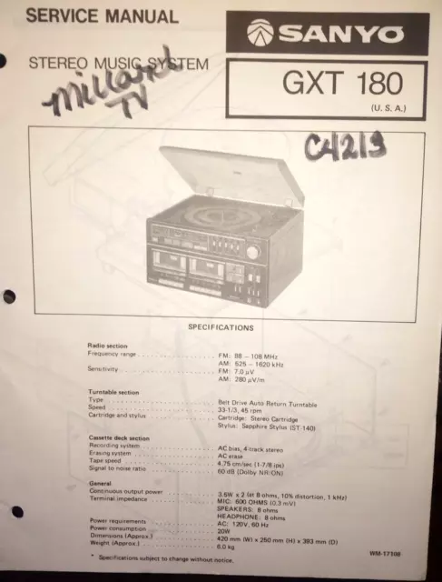 Sanyo Gxt180 Stereo Music System Original Service Manual