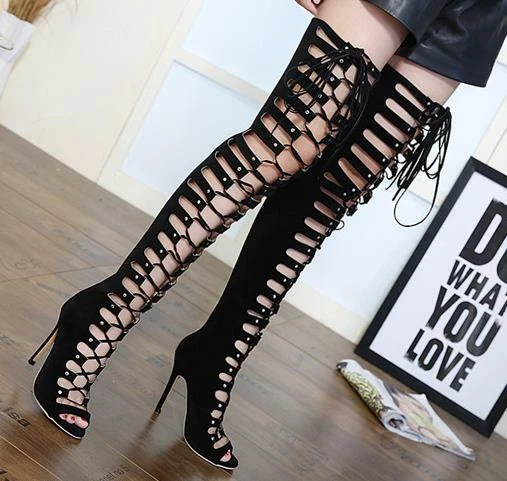 LADIES GLADIATOR HIGH Heel Stiletto Over Knee High Boots Cut Out
