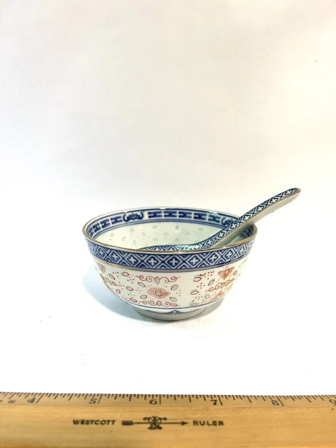 vintage Asian Porcelain China Goldrimmed Soup Bowl And Ladle Spoon