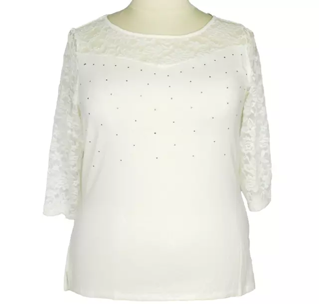 NWT Essentials By Milano Ivory Plus Size 2X Knit Top Blouse Lace Studs Stretch