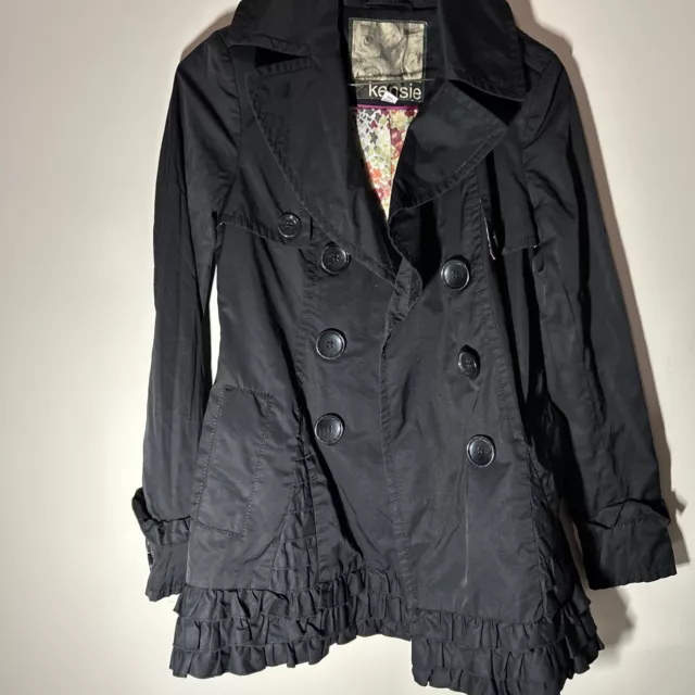 Kensie Black Jacket Size XS Windbreaker Raincoat pockets Floral Lining Ruffle