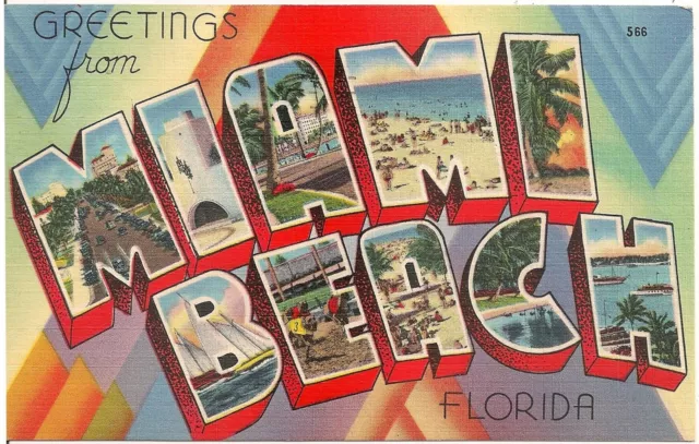 Greetings From Miami Beach FL Large Letter Linen Postcard 1957