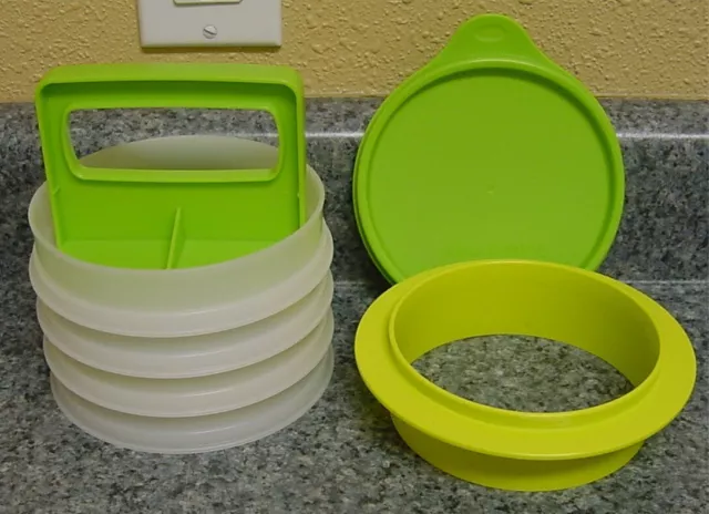 NEW  Tupperware 4 Large Hamburger Press/Ring Lid Retro Lime Green Yellow Storage