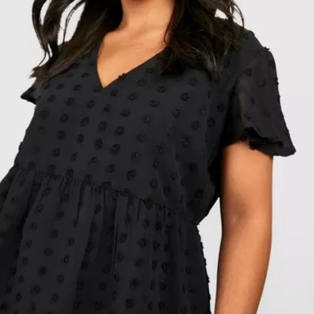 SO V-Neck Swiss Dot Short Sleeve Peplum Smock Top Black, Medium