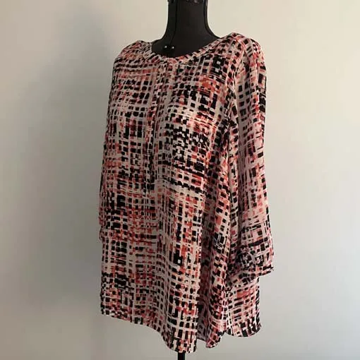 NYDJ ~ Geometric Print Pintuck 3/4 Sleeve Blouse Tunic Top Woman 2X