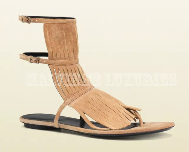 GUCCI SHOES BECKY SUEDE LEATHER FRINGED GLADIATOR FLATS SANDALS $585 sz ...