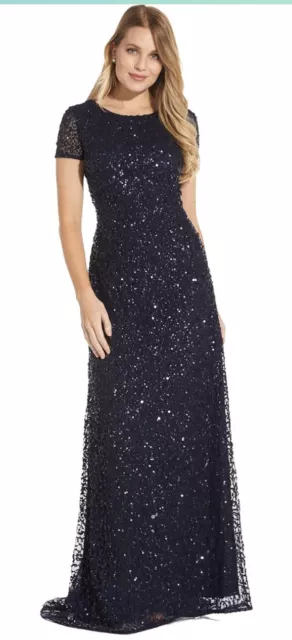 NEW $280 SIZE 0 Adrianna Papell Women's Short-Sleeve All Over Sequin Gown NAVY