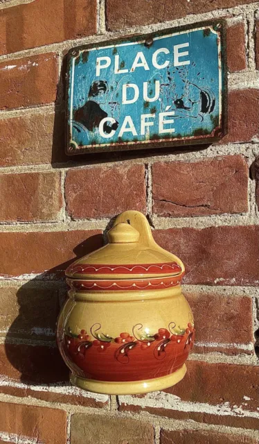 Vintage French Provençal Red & Yellow Wall Mounted Ceramic Salt Cellar