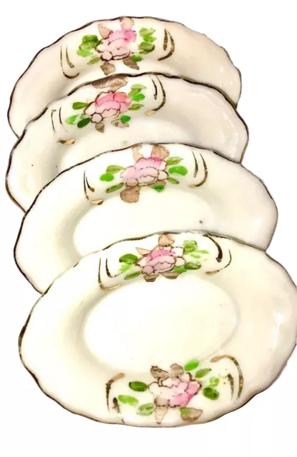 4 Antique Porcelain Pink  Prim Rose Butter Pats /Salt Dips Individual Gold Gilt