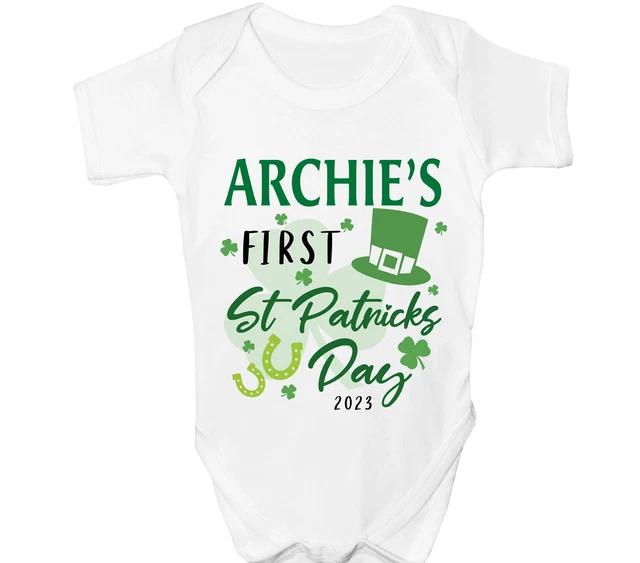 Personalised St Patricks Day Baby Grow First Irish Vest Shamrock Sleepsuit Gift