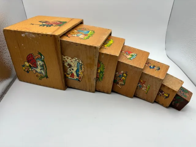 Vintage Wooden Toy Children Fairytale  Nesting Stacking Boxes Dove Tail Set Of 7