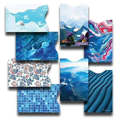 8 RFID Blocking Sleeves, Unique Designs and Arts in Blue, Anti-Theft Credit