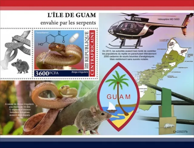 Central Africa - 2022 Guam Eindringen Von Schlangen - Briefmarke Souvenir Blatt
