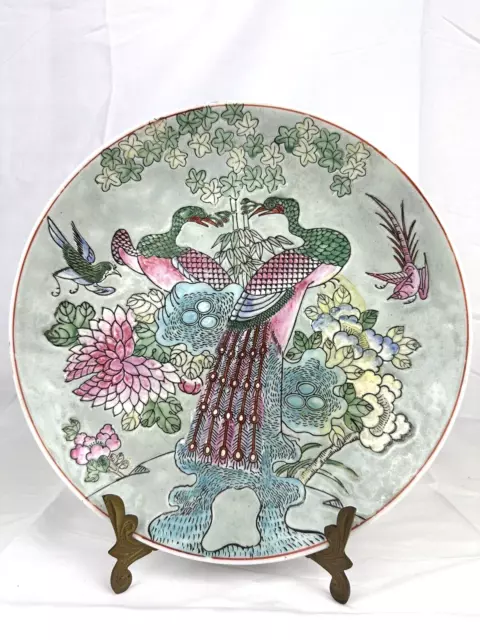 Vtg Decorative Chinese Macau Hand Painted Enamel Peacock Plate Charger 10'' B10
