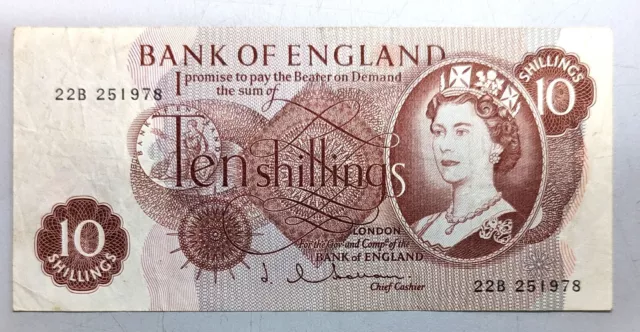 England Great Britain UK Circulated TEN SHILLINGS Paper money Banknote (#K67)