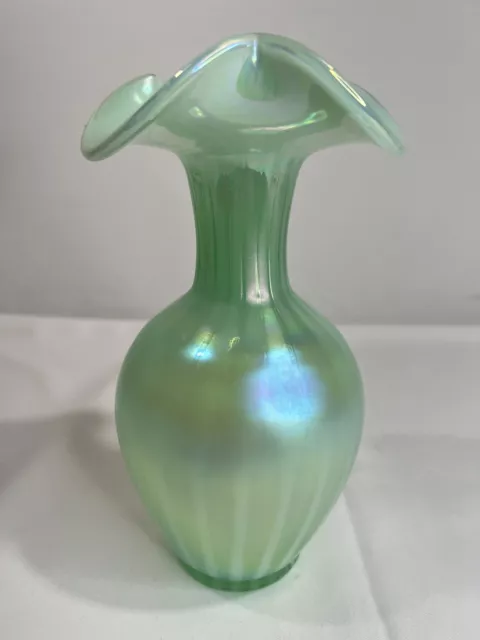 Fenton Aqua Green Ribbon Bow Vase Art Glass 9" Tall