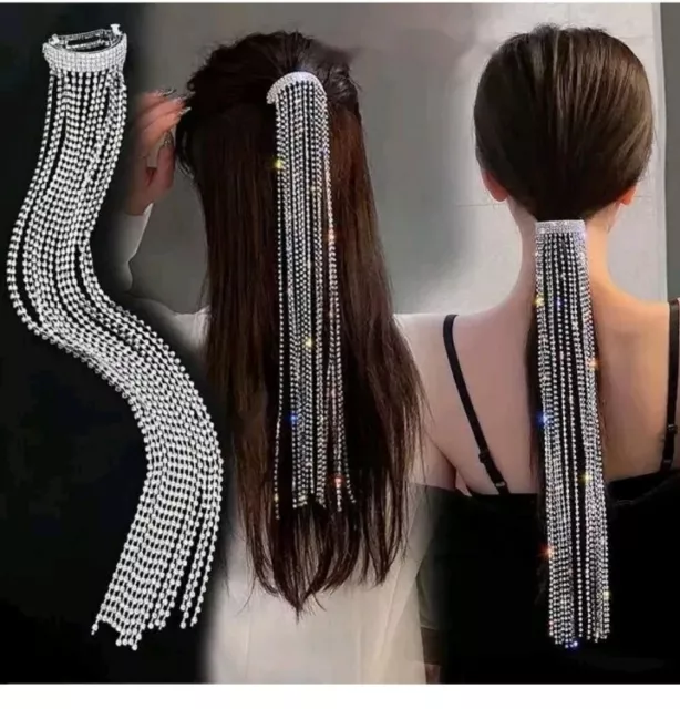 Luxurious Rhinestone Long Tassel Ponytail Wedding Bridal Bling Chain Accessory