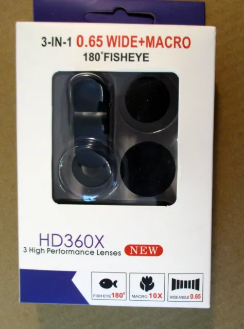 Cell Phone Clip-on HD360X 3-in-1 0.65 Wide + Macro - 180 Fisheye Lens Kit