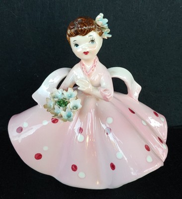 Vtg Lefton Brunette Girl Pink Polka Dot Dress Flower Bouquet Figure #1450C Japan